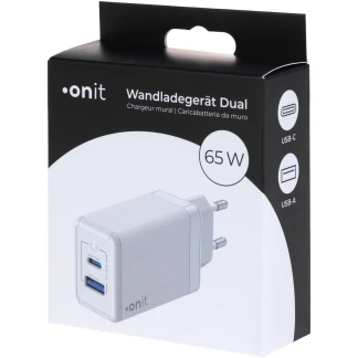 Dual QC4+ 65 W GaN Weiss (Onit) - USB Charger (USB-A + USB-C) 65W Quickcharge
